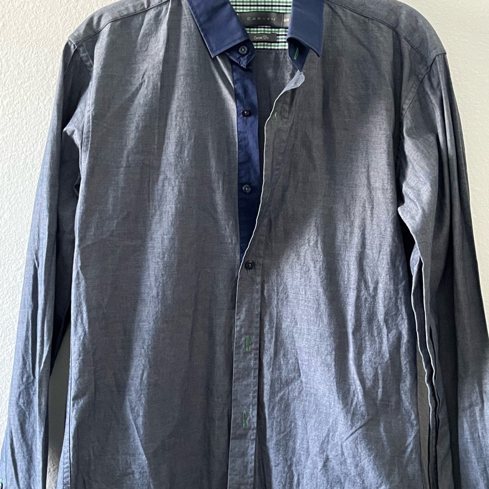 Carven Navy Shirt with Green and White Gingham Trim